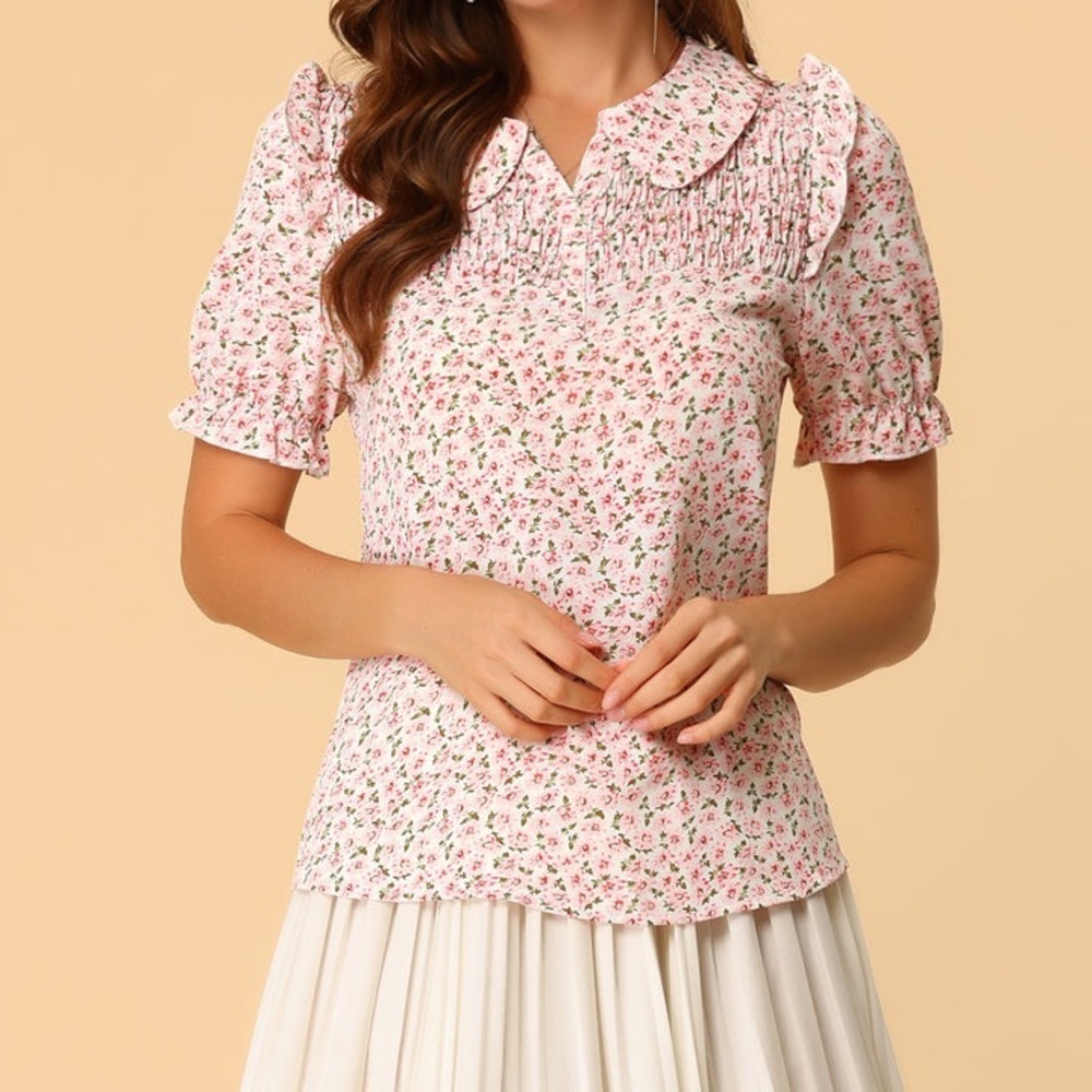 NWT Allegra K vintage Peter Pan Collar Puff Short Sleeve Ruffle Smocked Floral